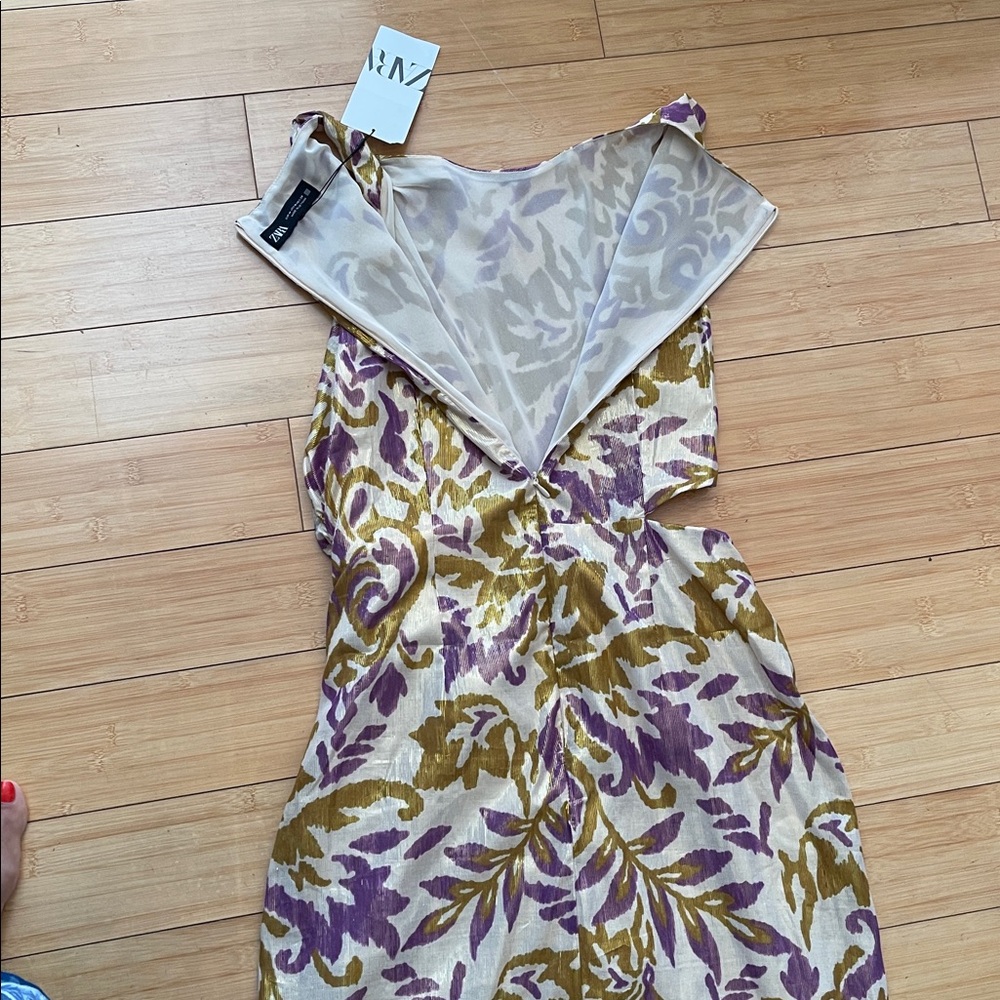 Zara Women Purple and Gold Midi Dress Half Lined Cut Out Waist Med NWT Metallic - Picture 8 of 16